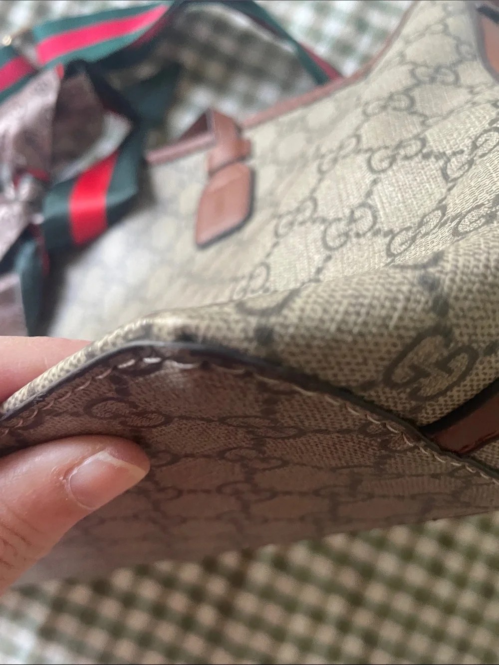 Source Unknown Brown Monogram Tote with Green and Red Strap - Picture 8 of 9